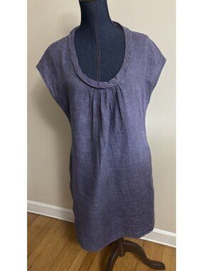 Malvin Hamburg Medium Lagenlook 100% Linen Mini Dress Blue Scoop Neck Pockets
